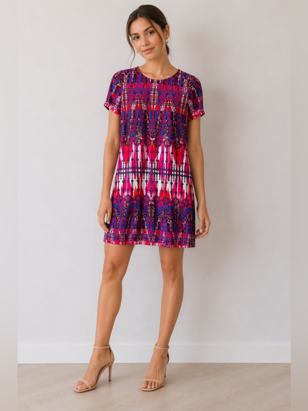 London Times Petite Shift Dress 12P Pink Blue Geometric Print NWT Stretch Work